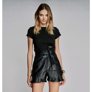 Marissa Webb Black Leather Ruffled Hem Shorts Size 0 Lace Accents Biker $425